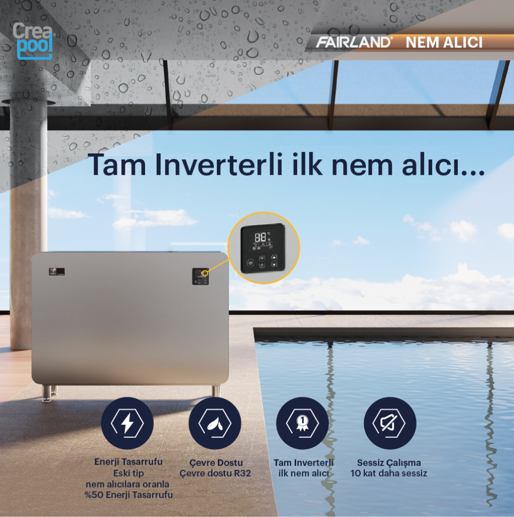 İlk tam inverterli nem alma cihazı. Havuz, sauna ve SPA ortamlarında buharlaşmadan ötürü bakteri oluşumunu ve binanın yapısal olarak zarar görmesini engeller.