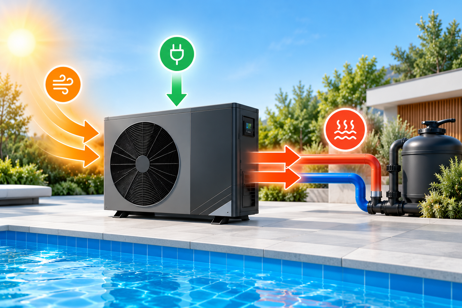 Havuz ısı pompasında dış hava enerjisi ve elektrik kullanılarak ısının havuz suyuna aktarılması